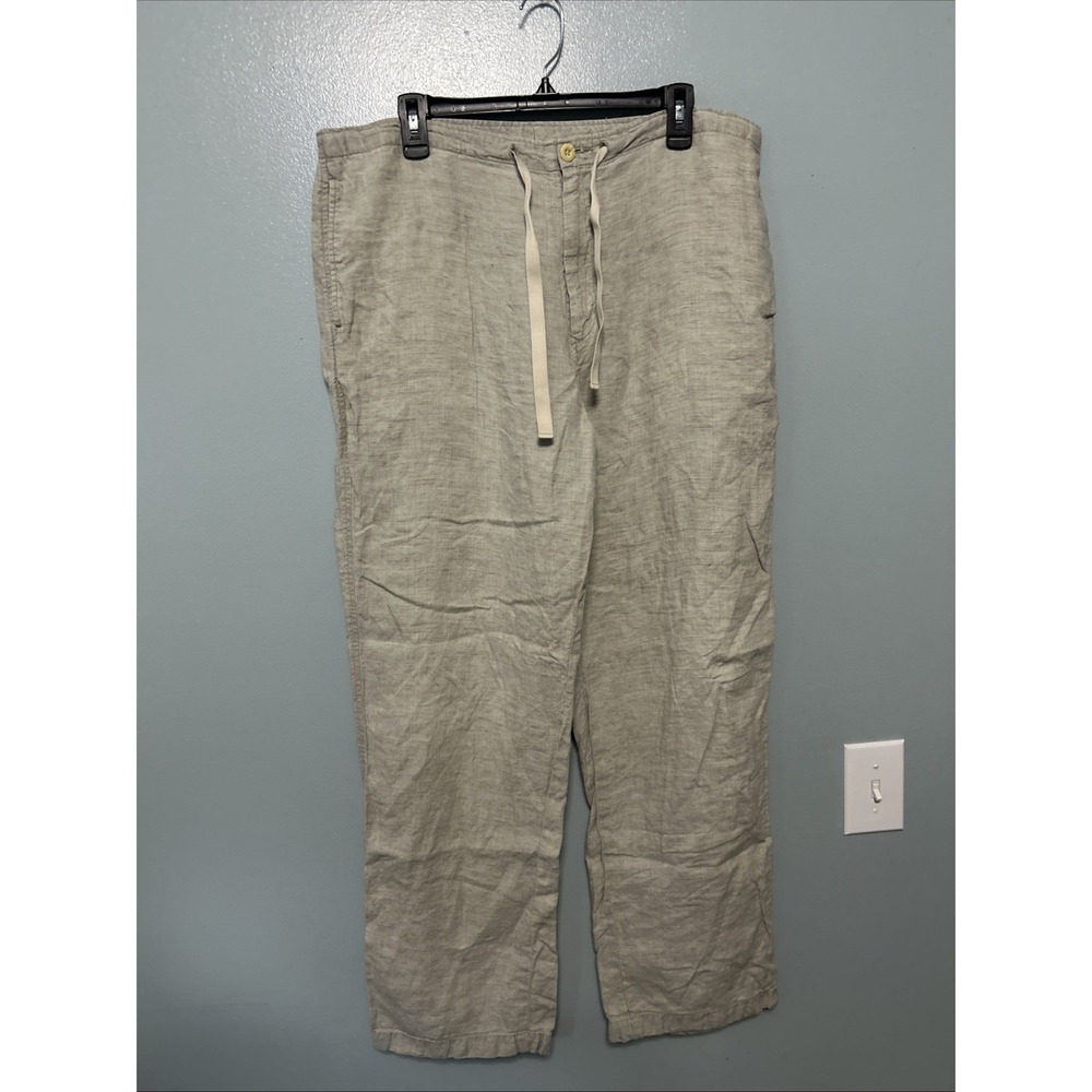 Nautica Explorer Pants Mens L Tan 100% Linen Loose Fit Drawstring Trousers